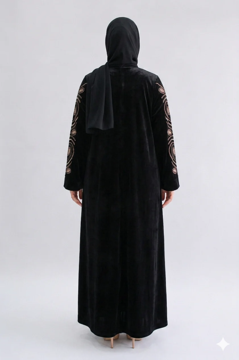 Black Velvet Open Abaya with Gold Embroidered Wide Sleeves - Image 3