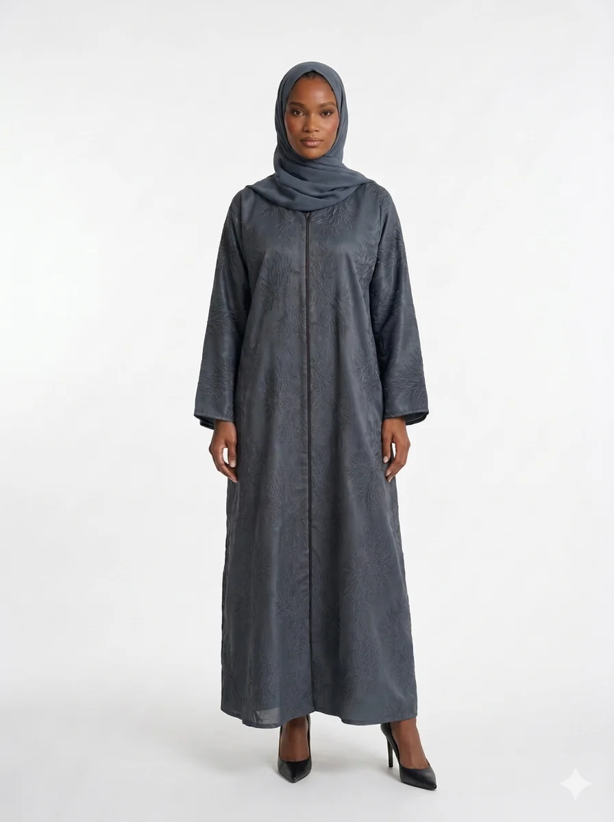 Blue Closed Abaya – Coral Patterned Embroidery
