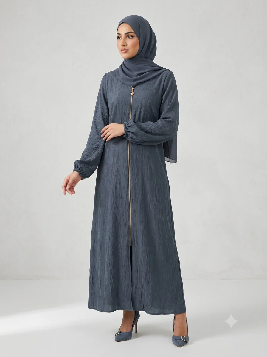 Blue-Grey Crinkle Zip Front Abaya With Elastic Sleeve