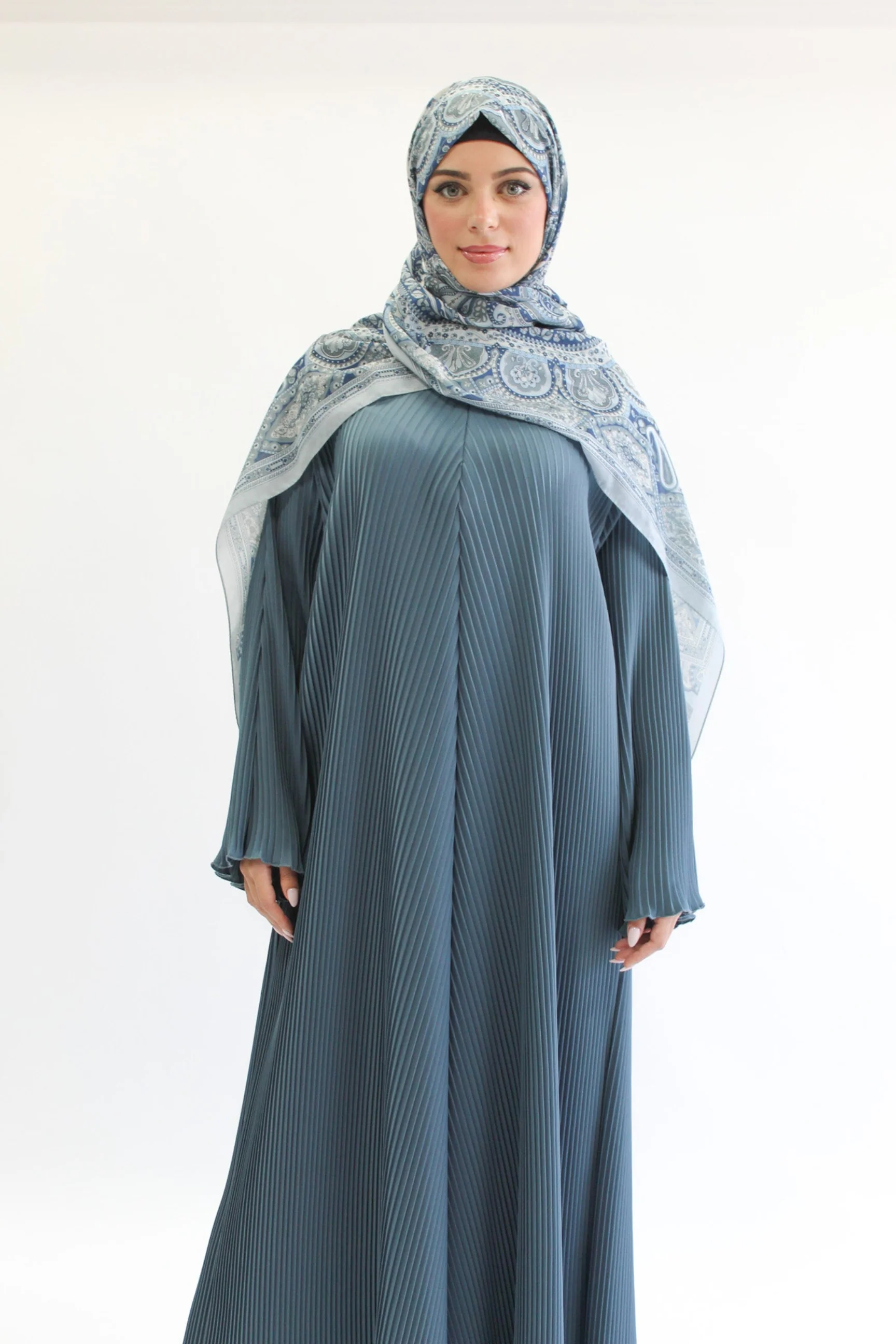 Blue Closed Abaya – Plain Pleated Design - Image 3