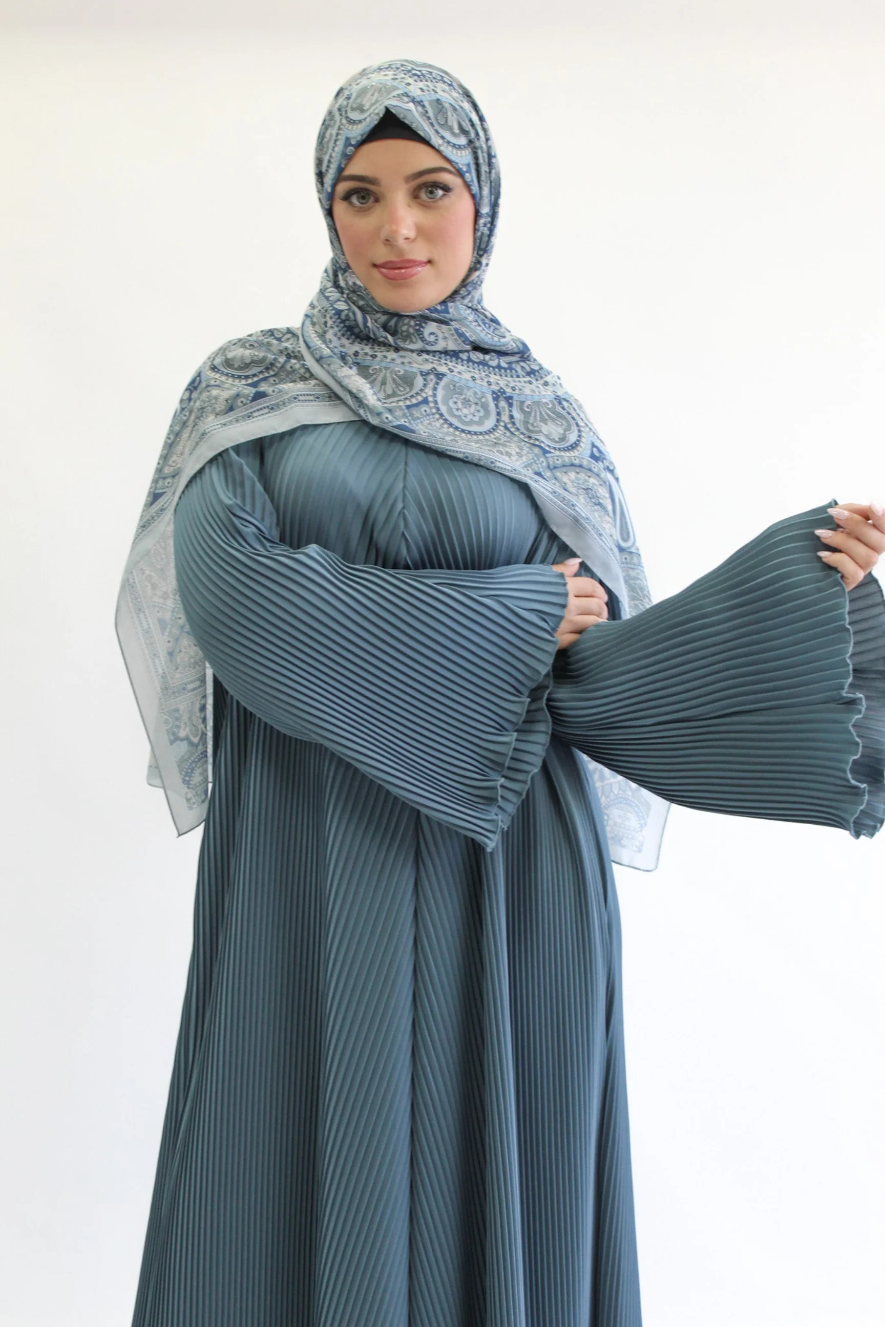 Blue Closed Abaya – Plain Pleated Design - Image 4