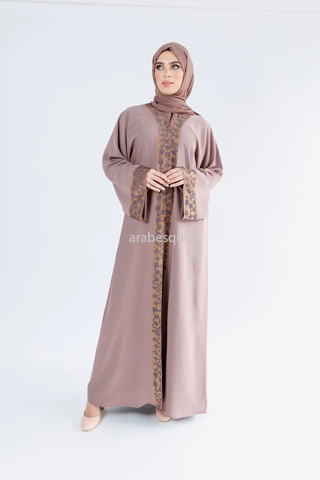 Blush Open Abaya – Luxury Patterned Embellishment in Gold and Dark Grey