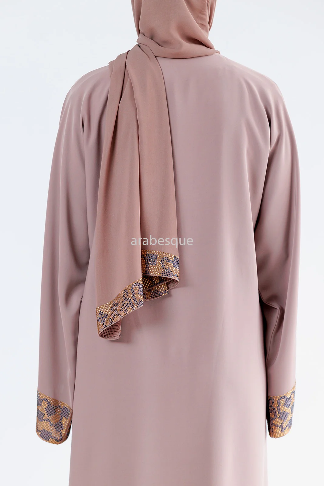 Blush Open Abaya – Luxury Patterned Embellishment in Gold and Dark Grey - Image 4