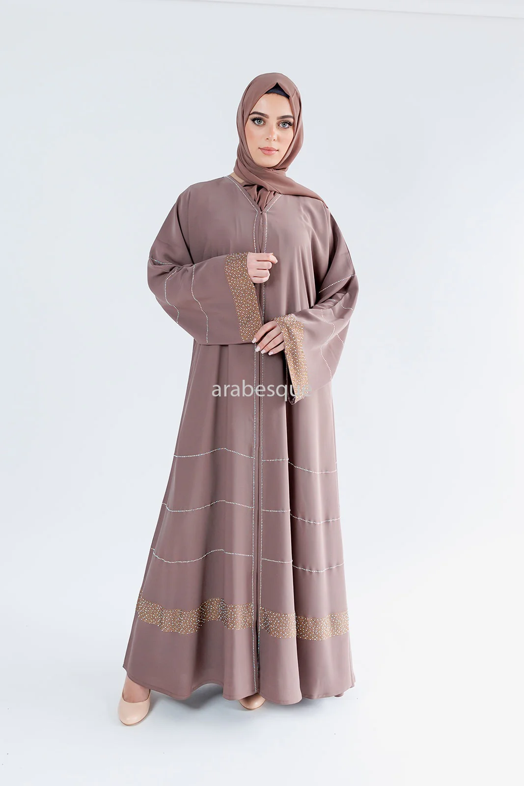 Blush Open Abaya – Luxury Nidha Design with Gold Stone Embellishment