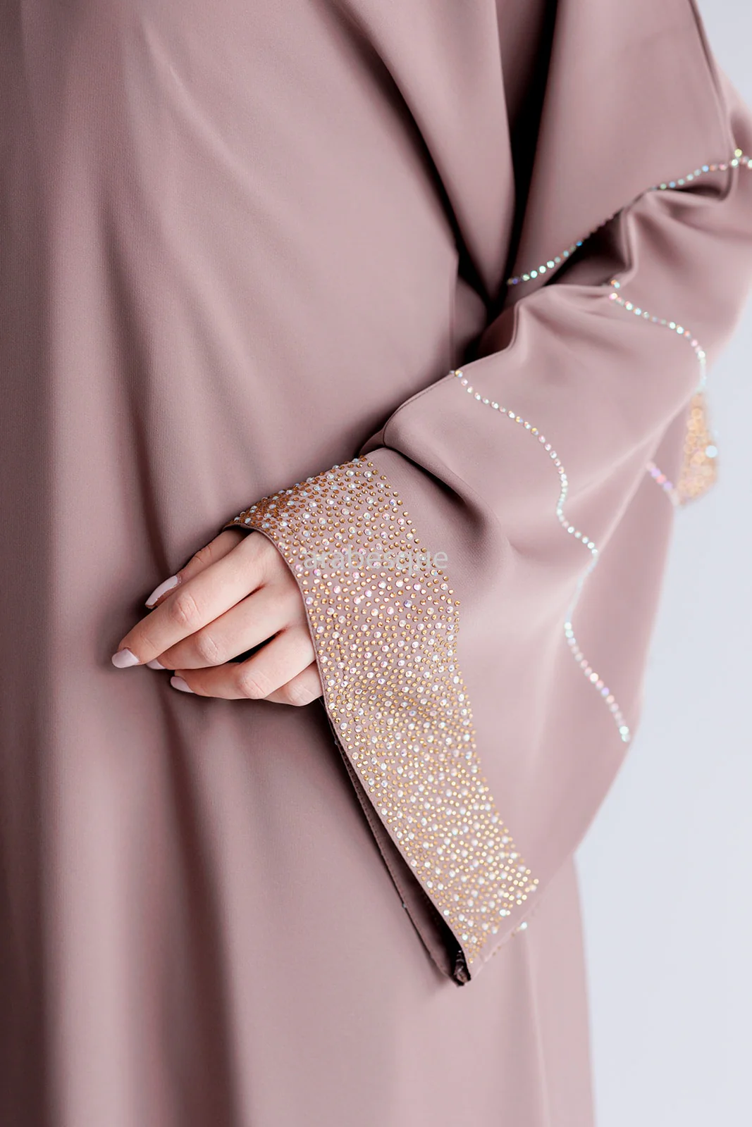 Blush Open Abaya – Luxury Nidha Design with Gold Stone Embellishment - Image 5
