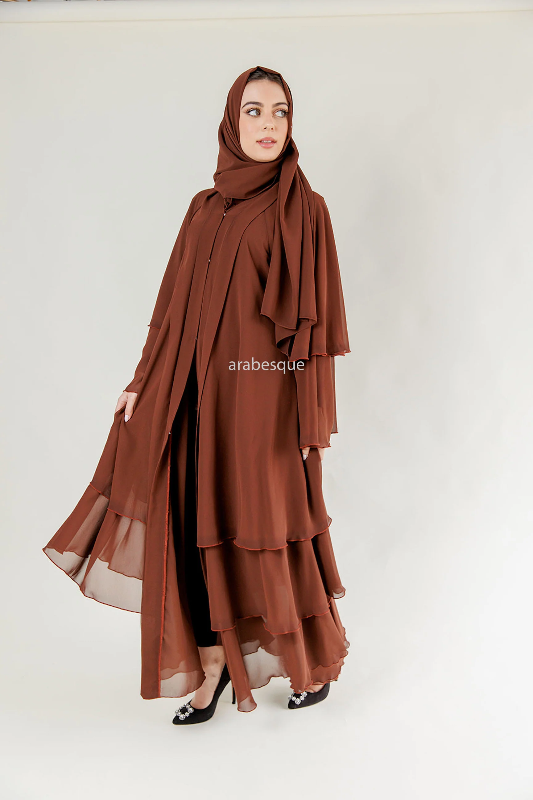 Brown Chiffon Layered Open Abaya