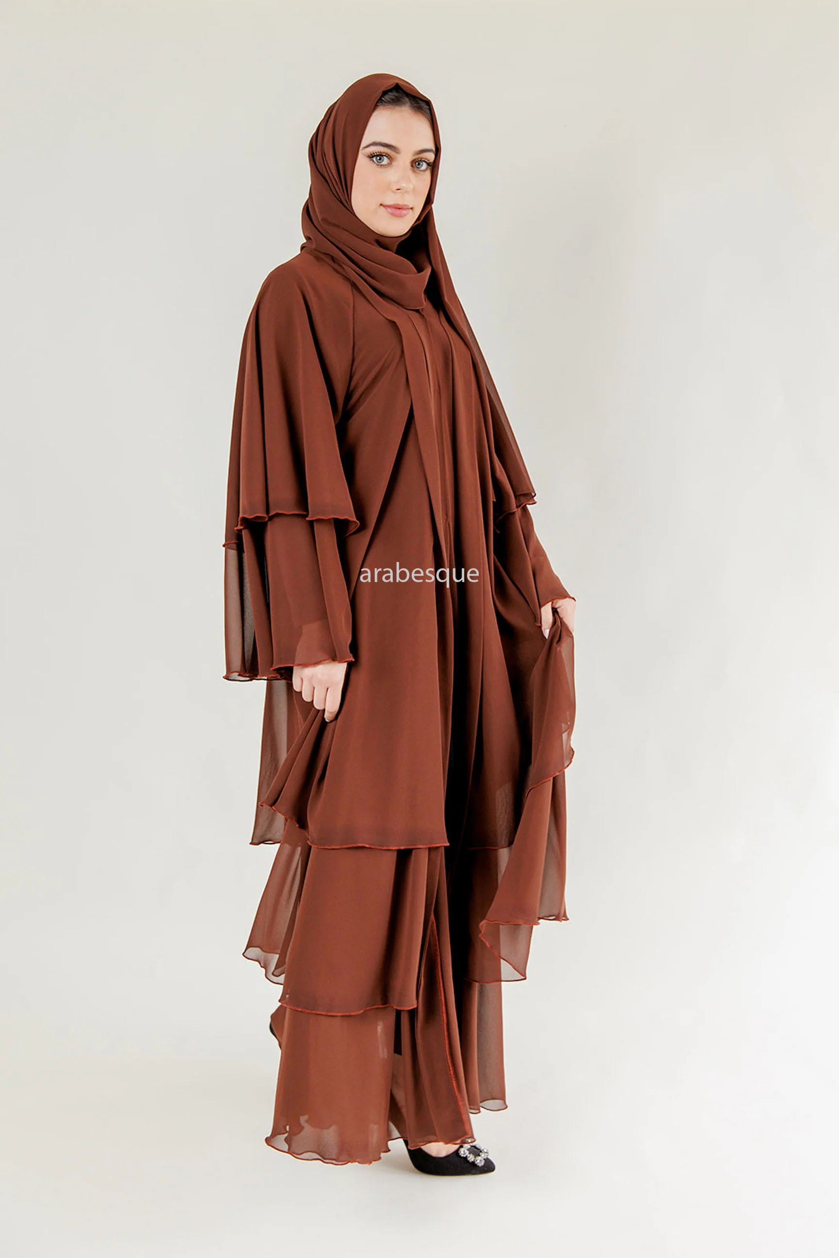 Brown Chiffon Layered Open Abaya - Image 2