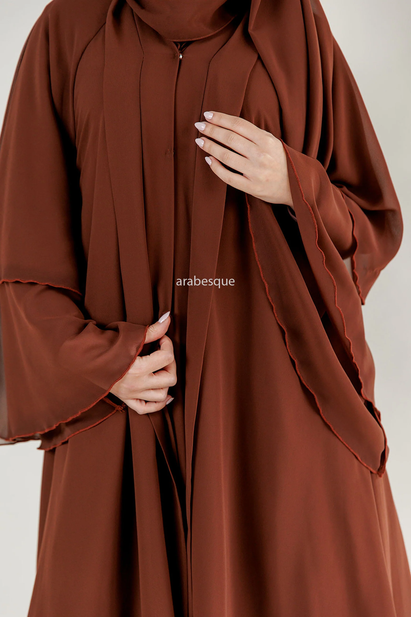 Brown Chiffon Layered Open Abaya - Image 3
