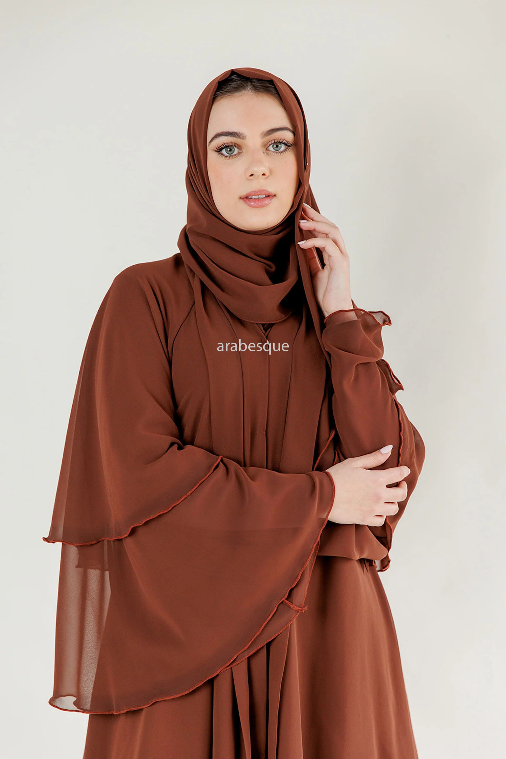 Brown Chiffon Layered Open Abaya - Image 5