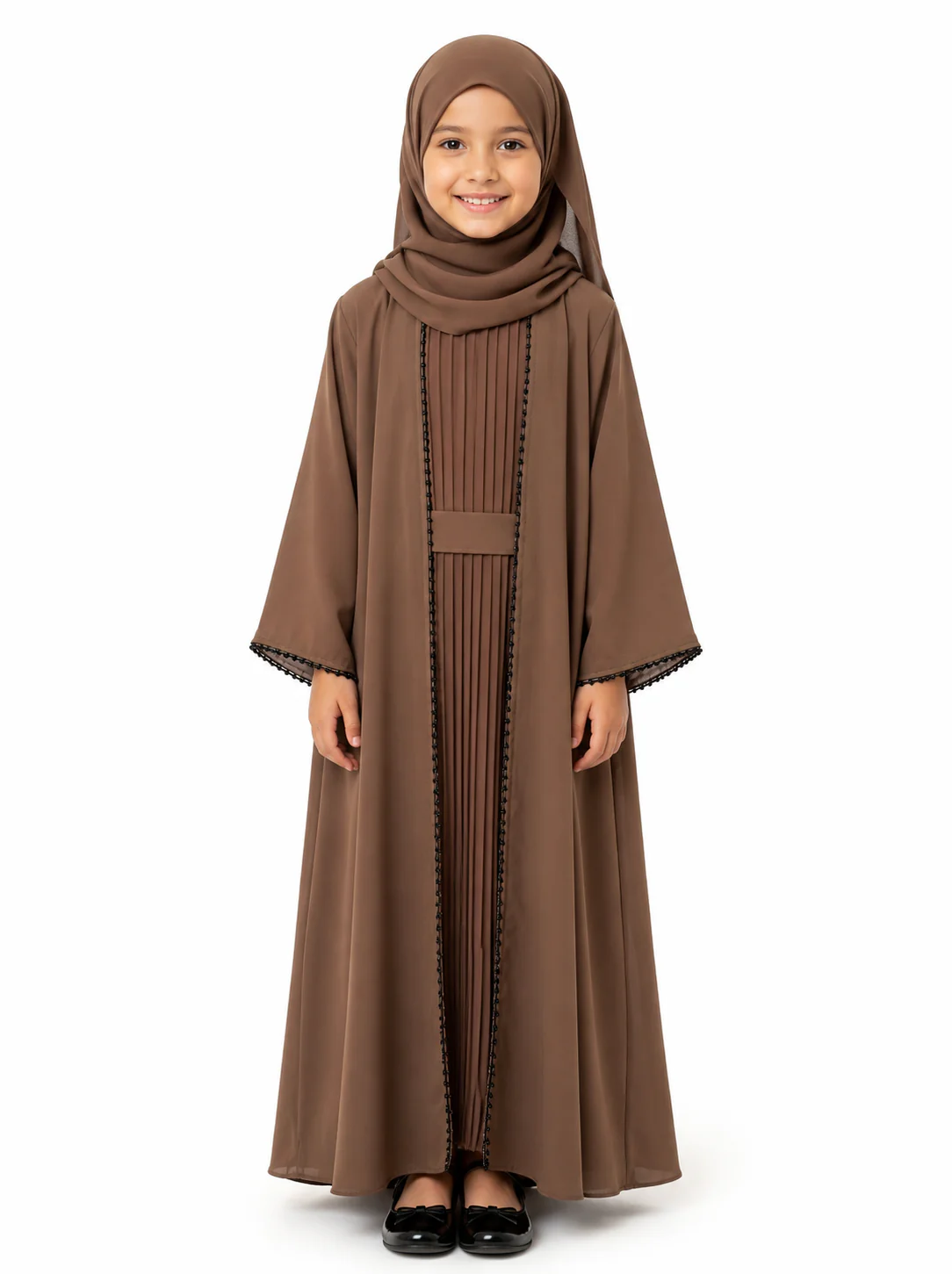 Brown Children Beaded Open With Pleated Inner Slip Abaya