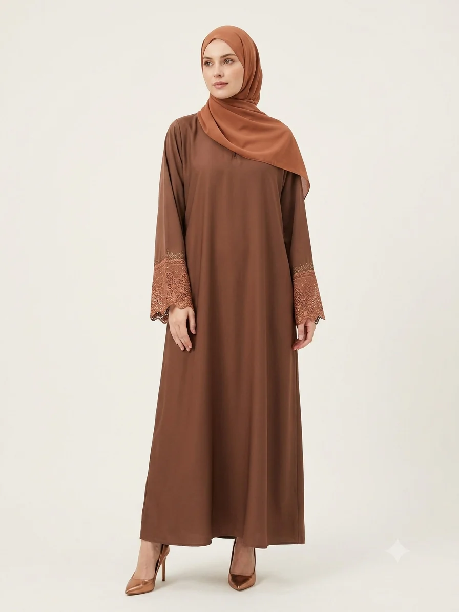 Brown Flower Lace Diamante Sleeve work Closed Abaya