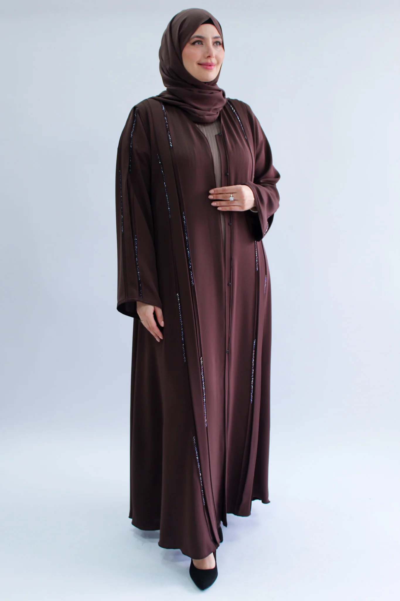 Brown Open Abaya – Luxury Crystal Embellished Design