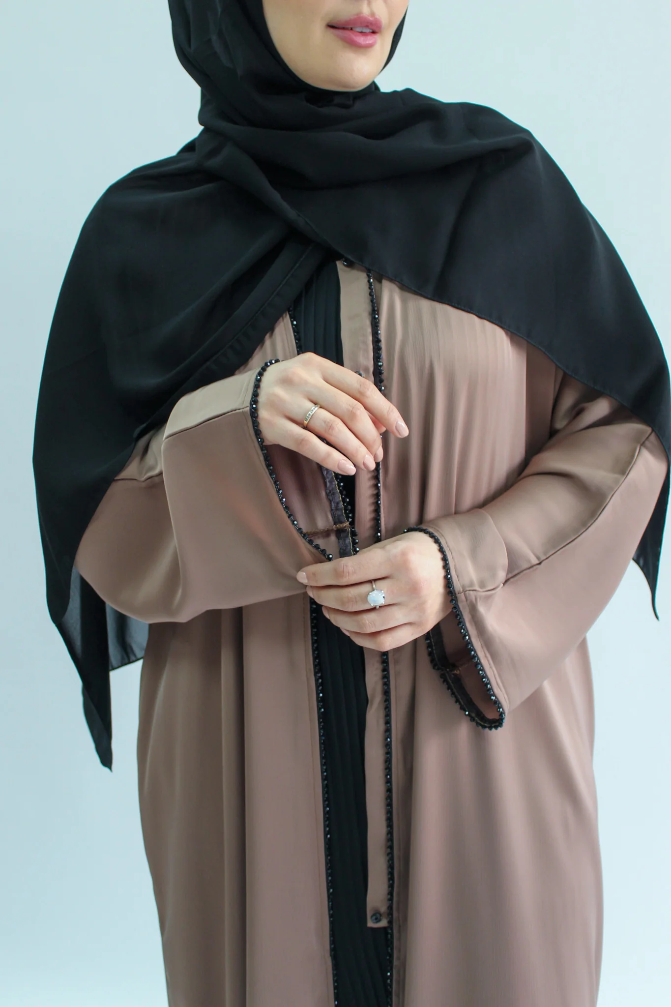 Brown Open Abaya – Plain Ripple Satin With Threaded Bead Detailing - Image 3