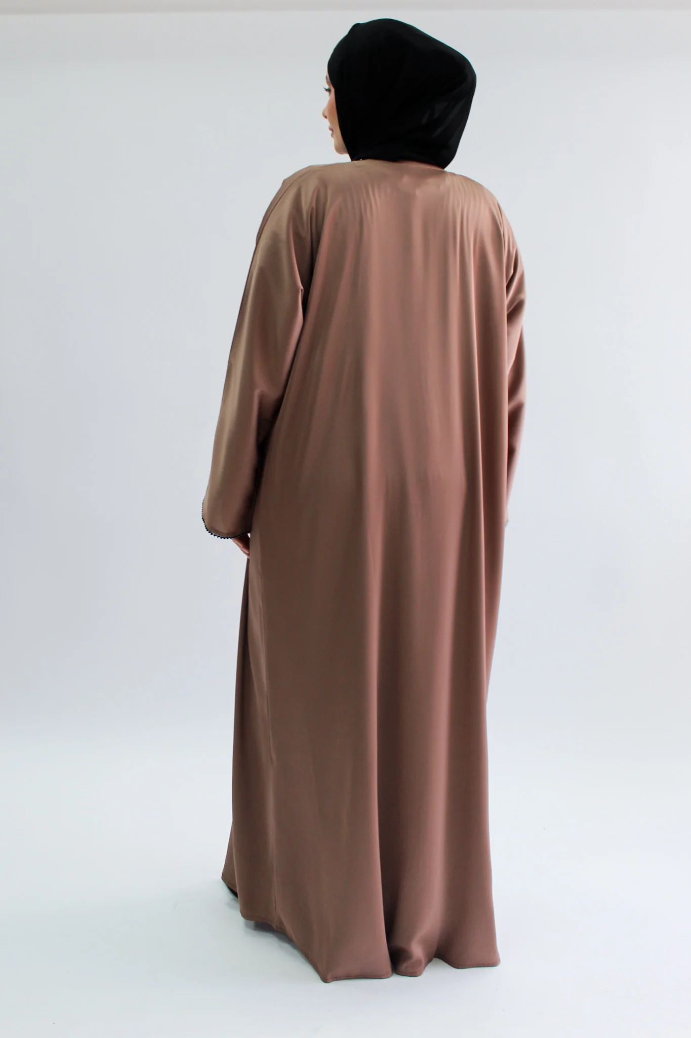 Brown Open Abaya – Plain Ripple Satin With Threaded Bead Detailing - Image 4