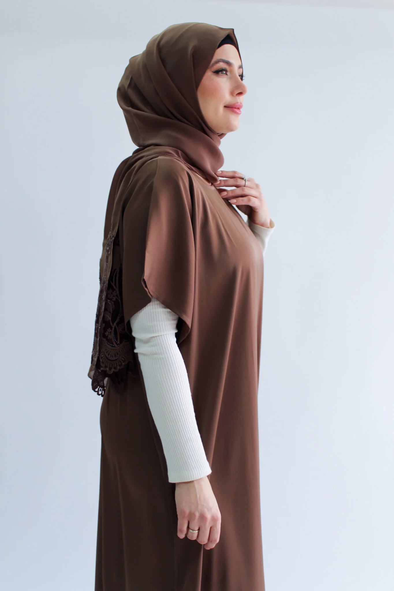 Brown Plain Short Sleeve Dress  - Silky Ripple Satin - Image 2