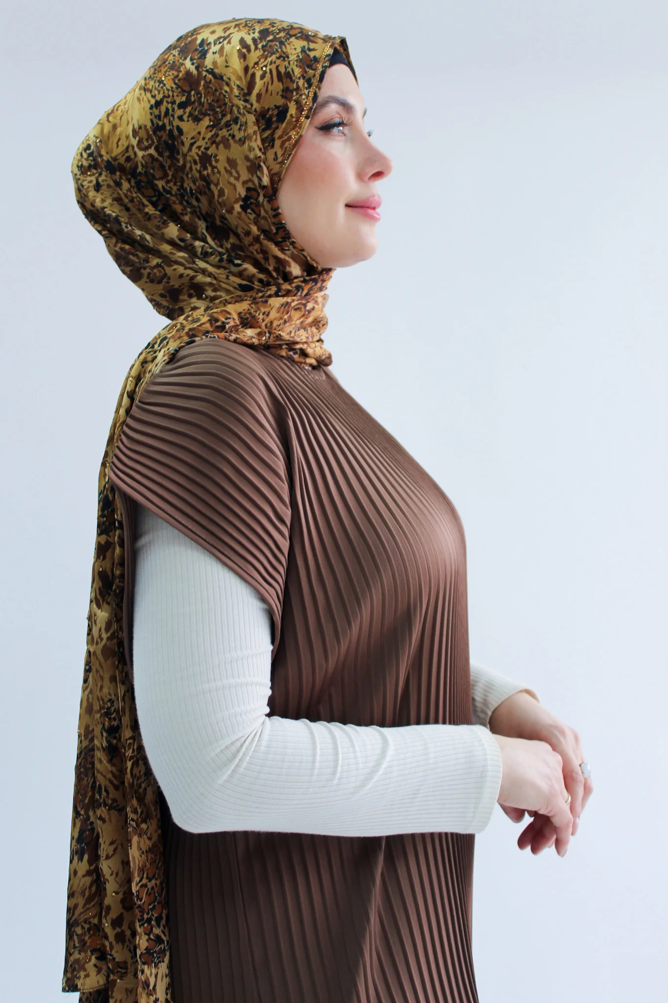 Brown Pleated Short Sleeve Dress  - Silky Ripple Satin - Image 2