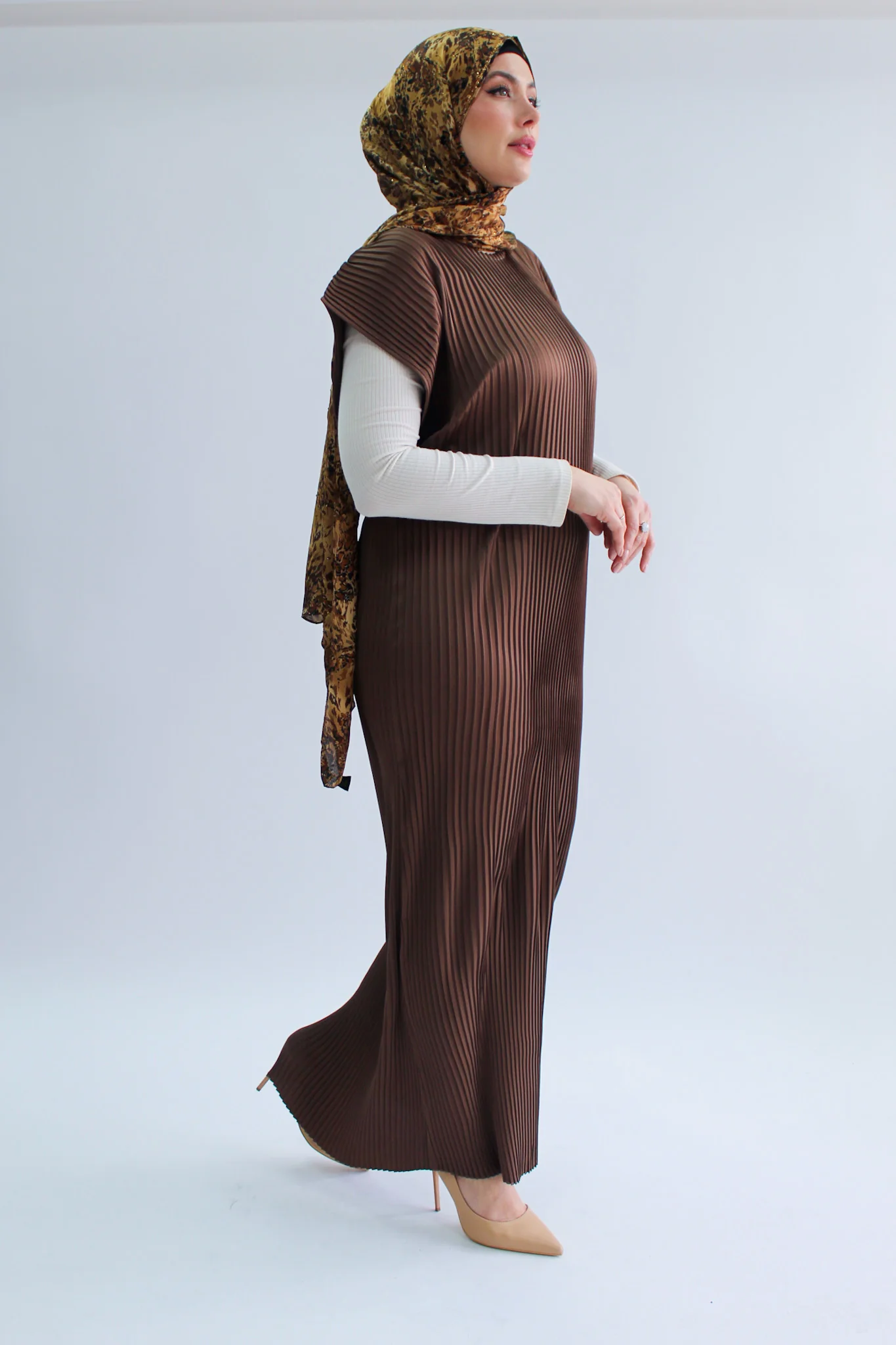 Brown Pleated Short Sleeve Dress  - Silky Ripple Satin - Image 3