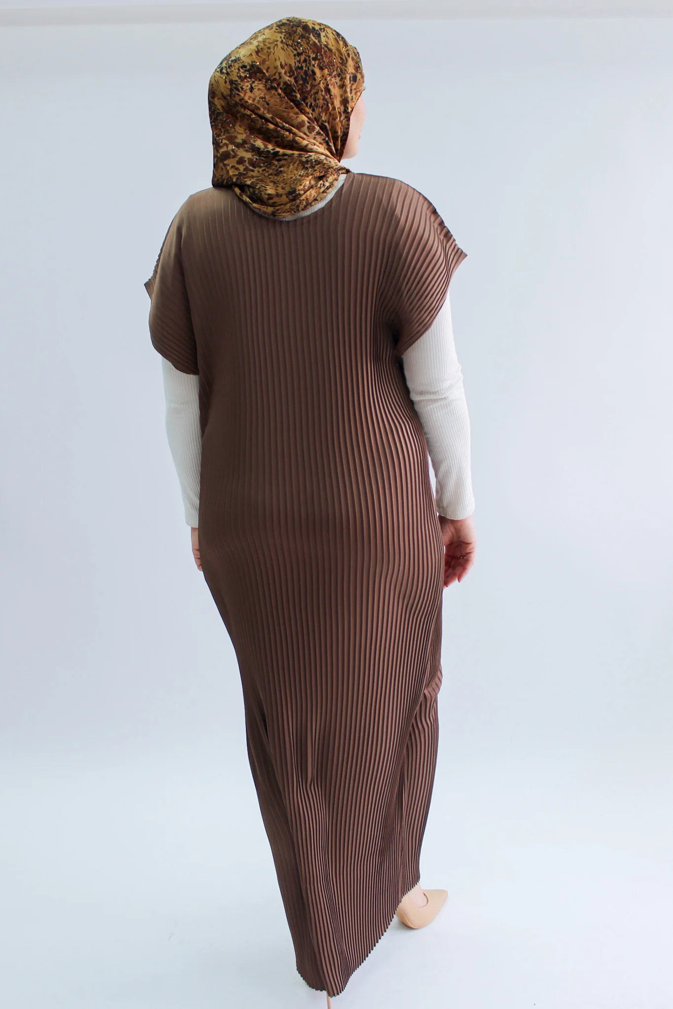 Brown Pleated Short Sleeve Dress  - Silky Ripple Satin - Image 4