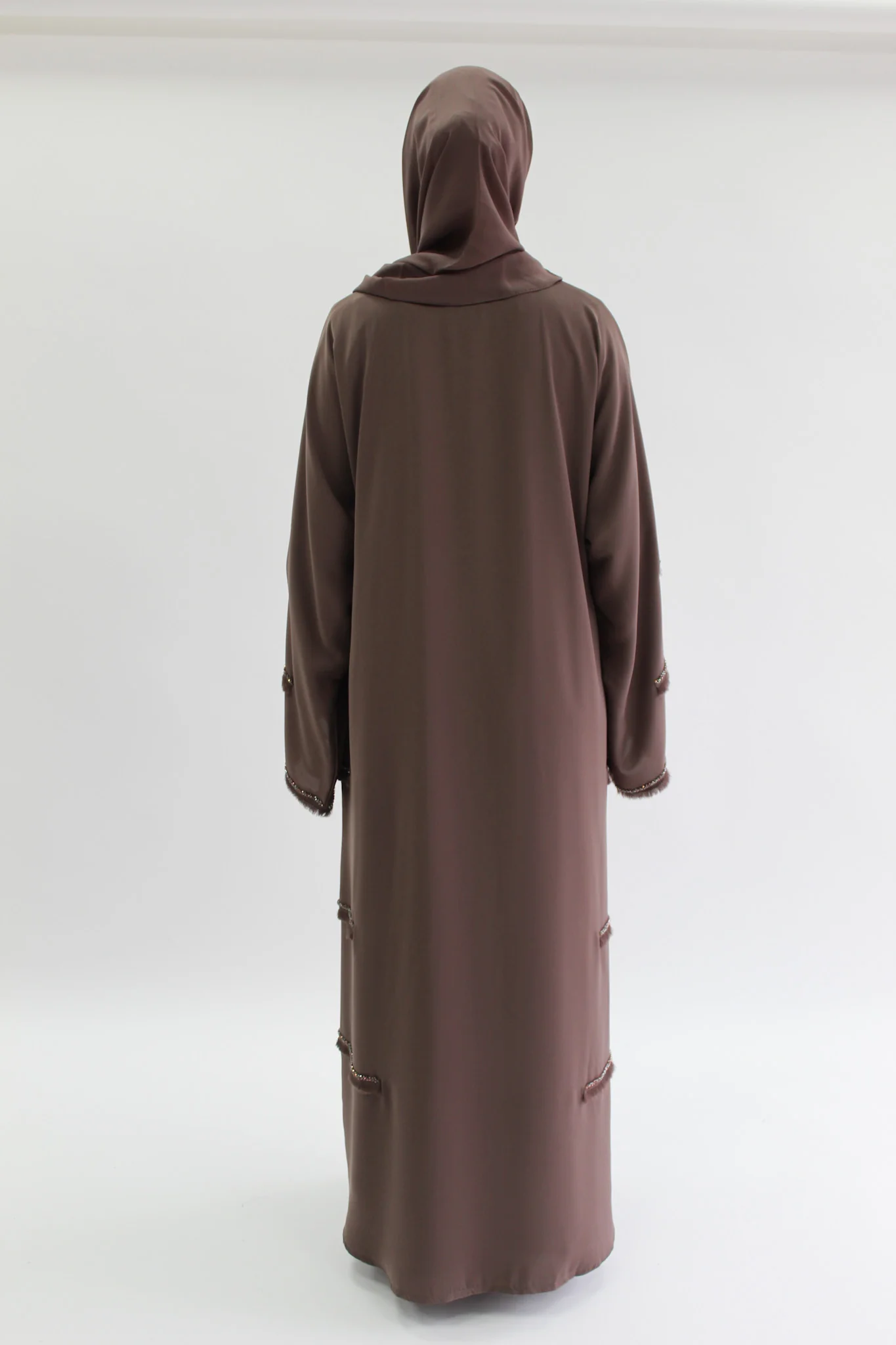 Brown Open Abaya - Straight Tassel Layers Beaded Work - Image 5