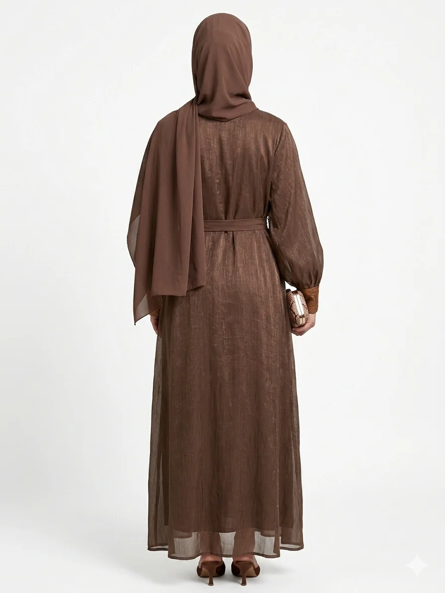 Brown Two Piece Open Abaya – Glitter Chiffon with Gold Embellished Border - Image 2