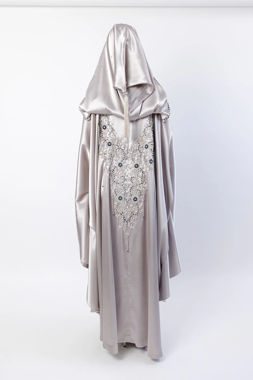 Champagne Cape – Luxury Regal Silver & Navy Embellished Design with Hood - Image 4