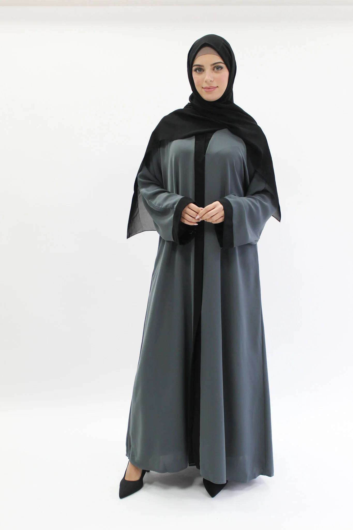 Charcoal Open Abaya - Premium Plain Nidha Fabric with Black Border