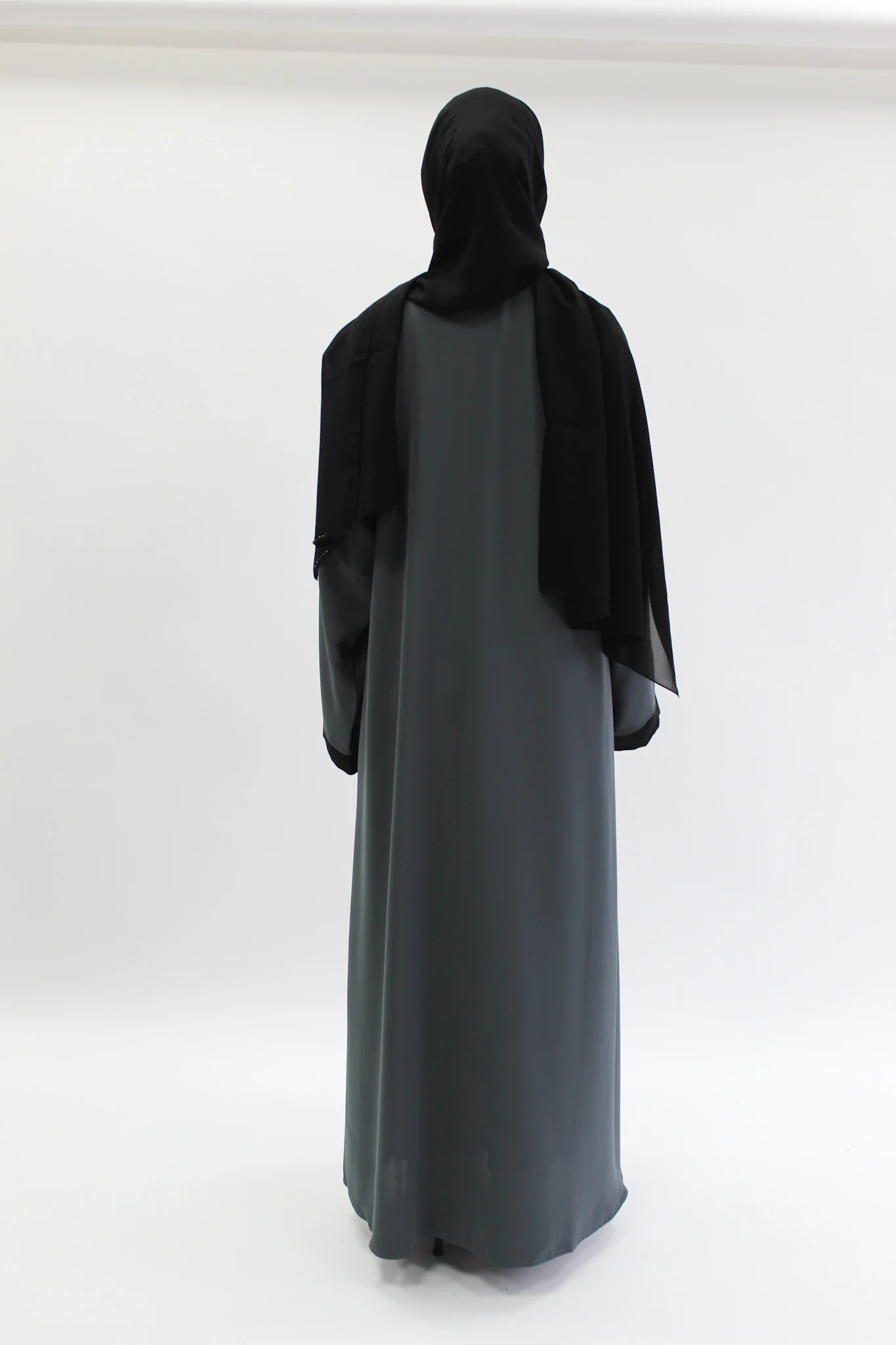 Charcoal Open Abaya - Premium Plain Nidha Fabric with Black Border - Image 4