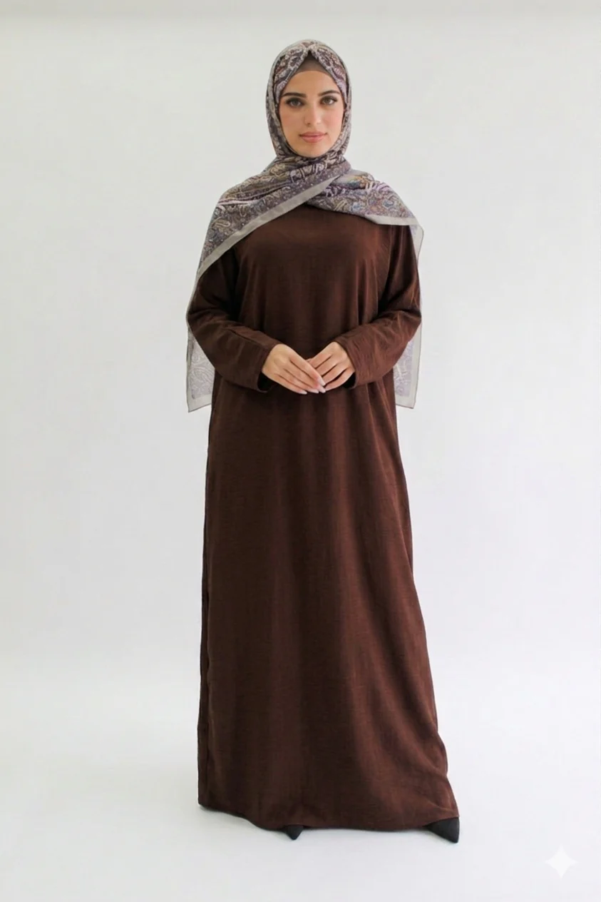 Chocolate Brown Closed Abaya - Crushed Polyester  with Pocket