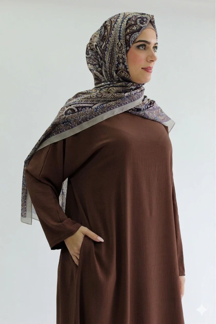 Chocolate Brown Closed Abaya - Crushed Polyester  with Pocket - Image 2