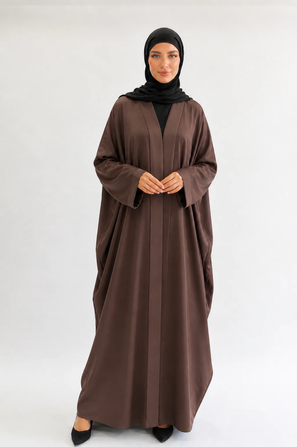 Chocolate Brown Open Abaya – Ripple Satin Farasha Design