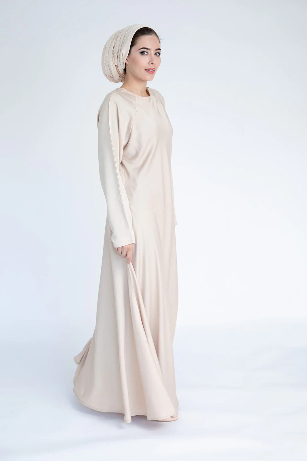 Cream Closed Abaya – Plain Umbrella Cut Design - Image 3