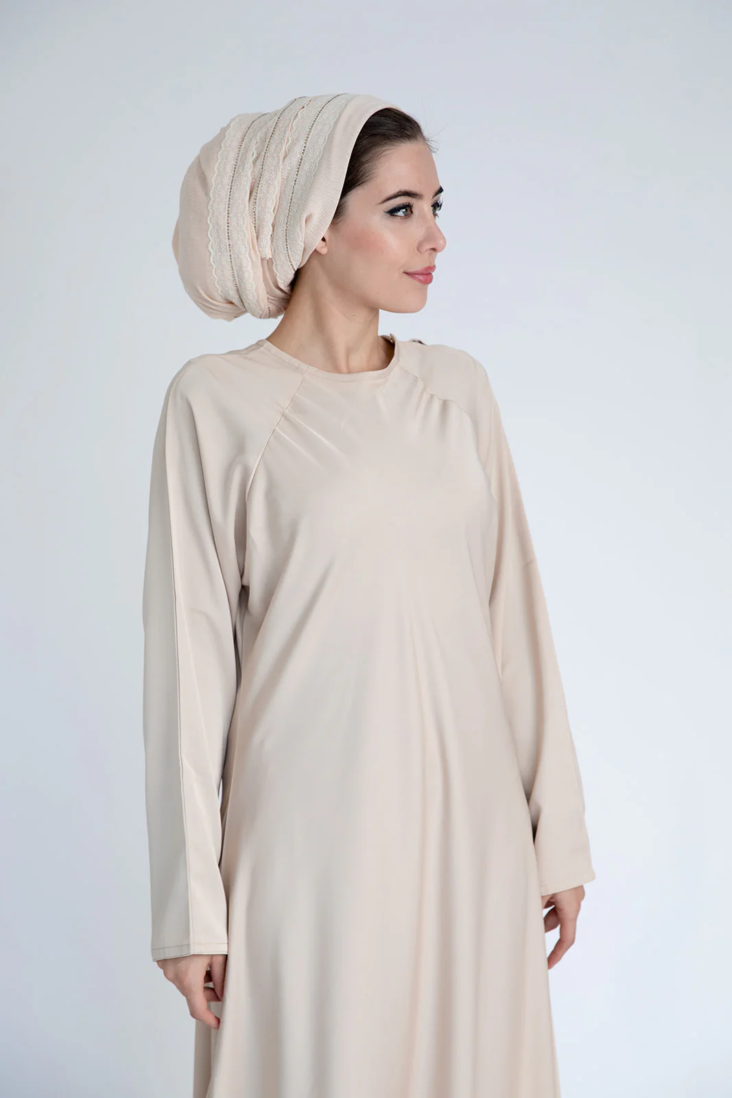 Cream Closed Abaya – Plain Umbrella Cut Design - Image 4