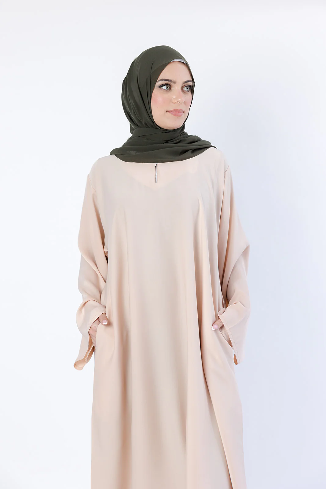 Cream Closed Abaya – Ripple Satin Fabric with Pocket - Image 3