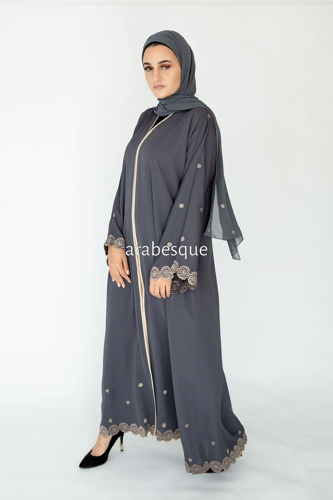 Grey Open Abaya - Premium Flower Border Embroidery - Image 3