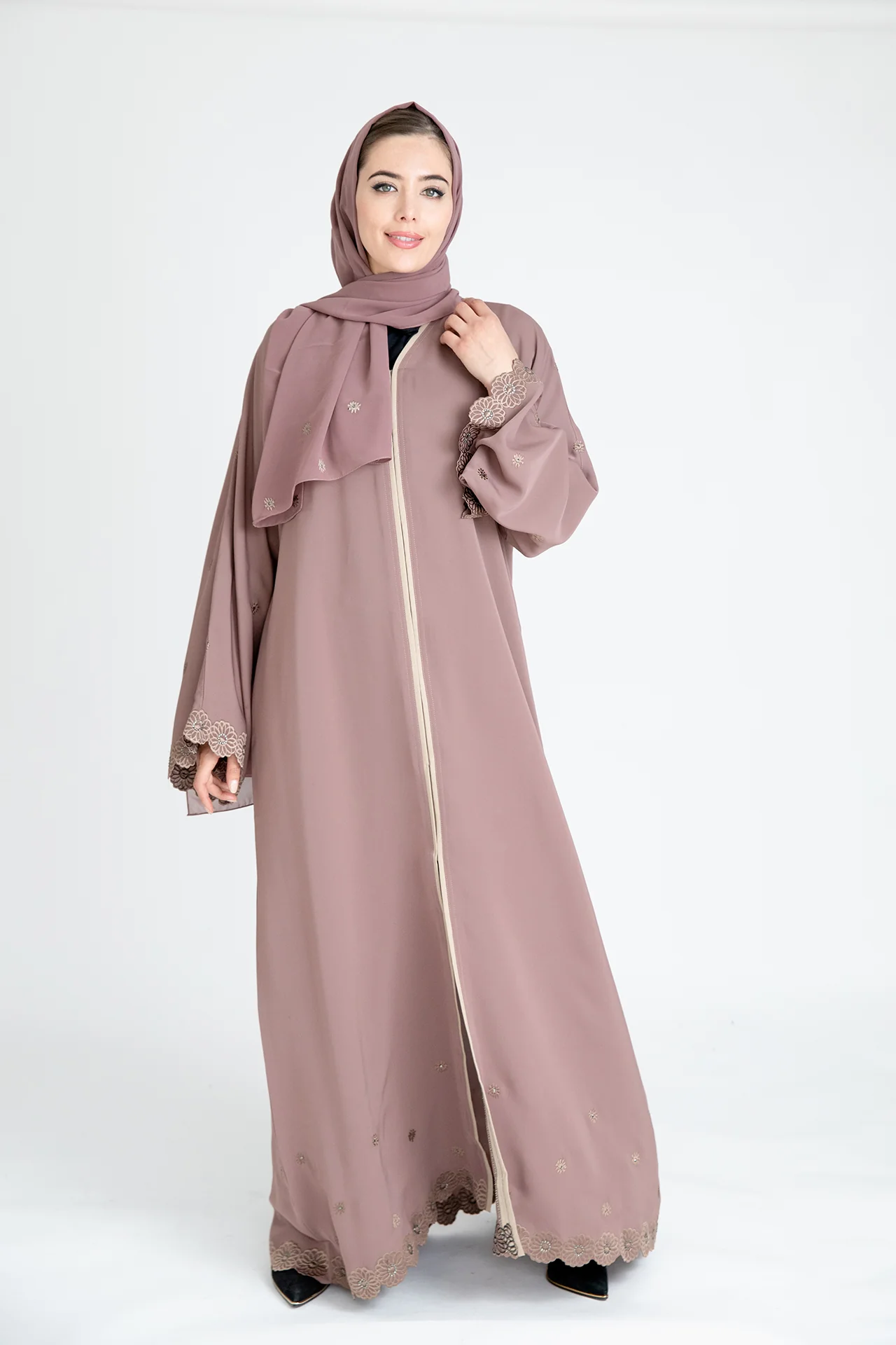 Blush Premium Flower Border Embroidered Open Abaya - Image 2