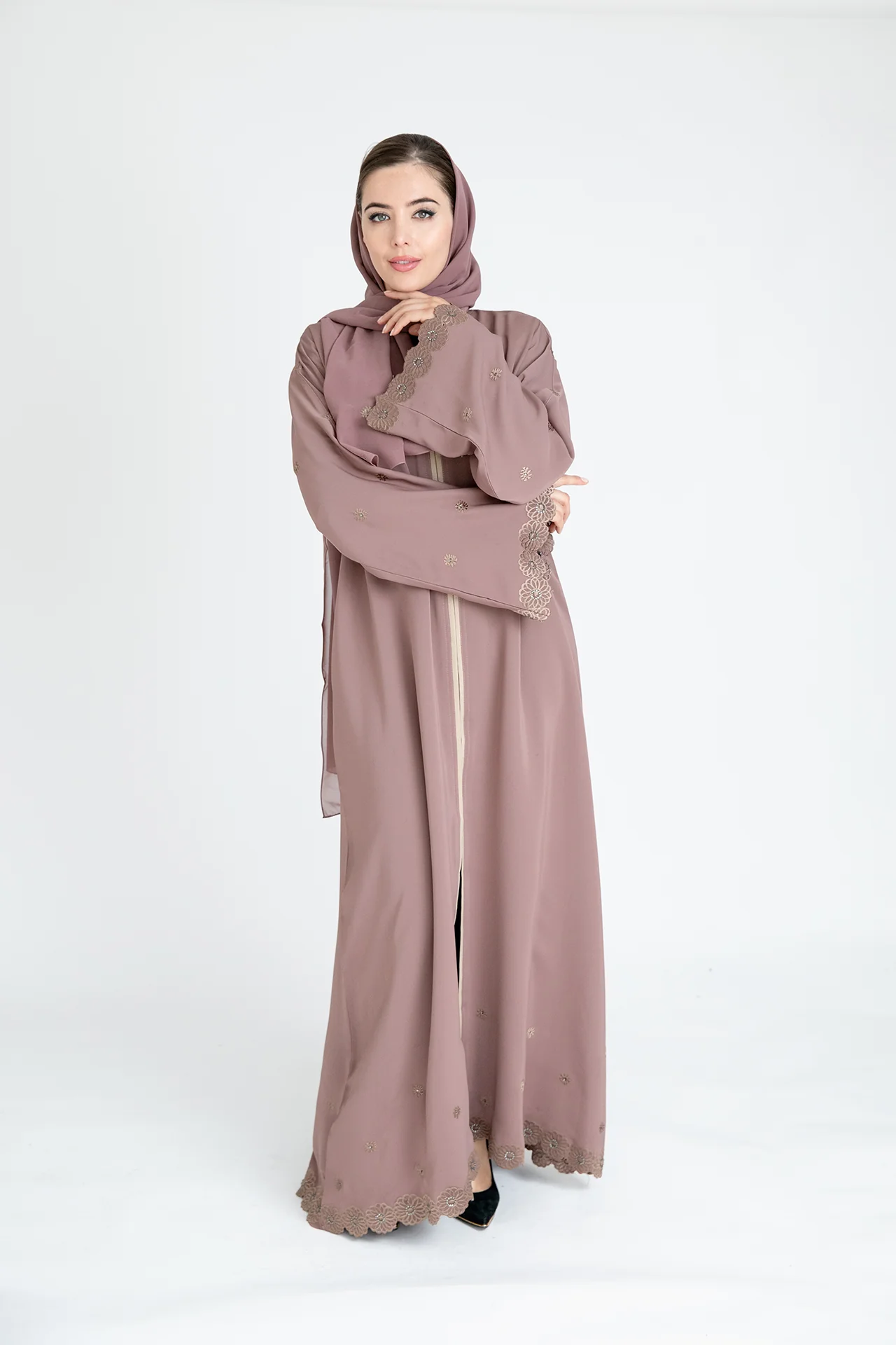 Blush Premium Flower Border Embroidered Open Abaya - Image 3