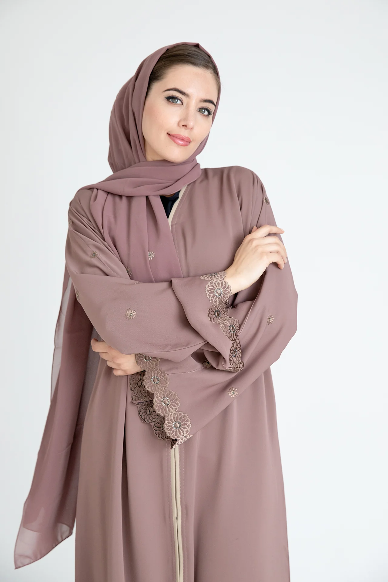 Blush Premium Flower Border Embroidered Open Abaya - Image 4