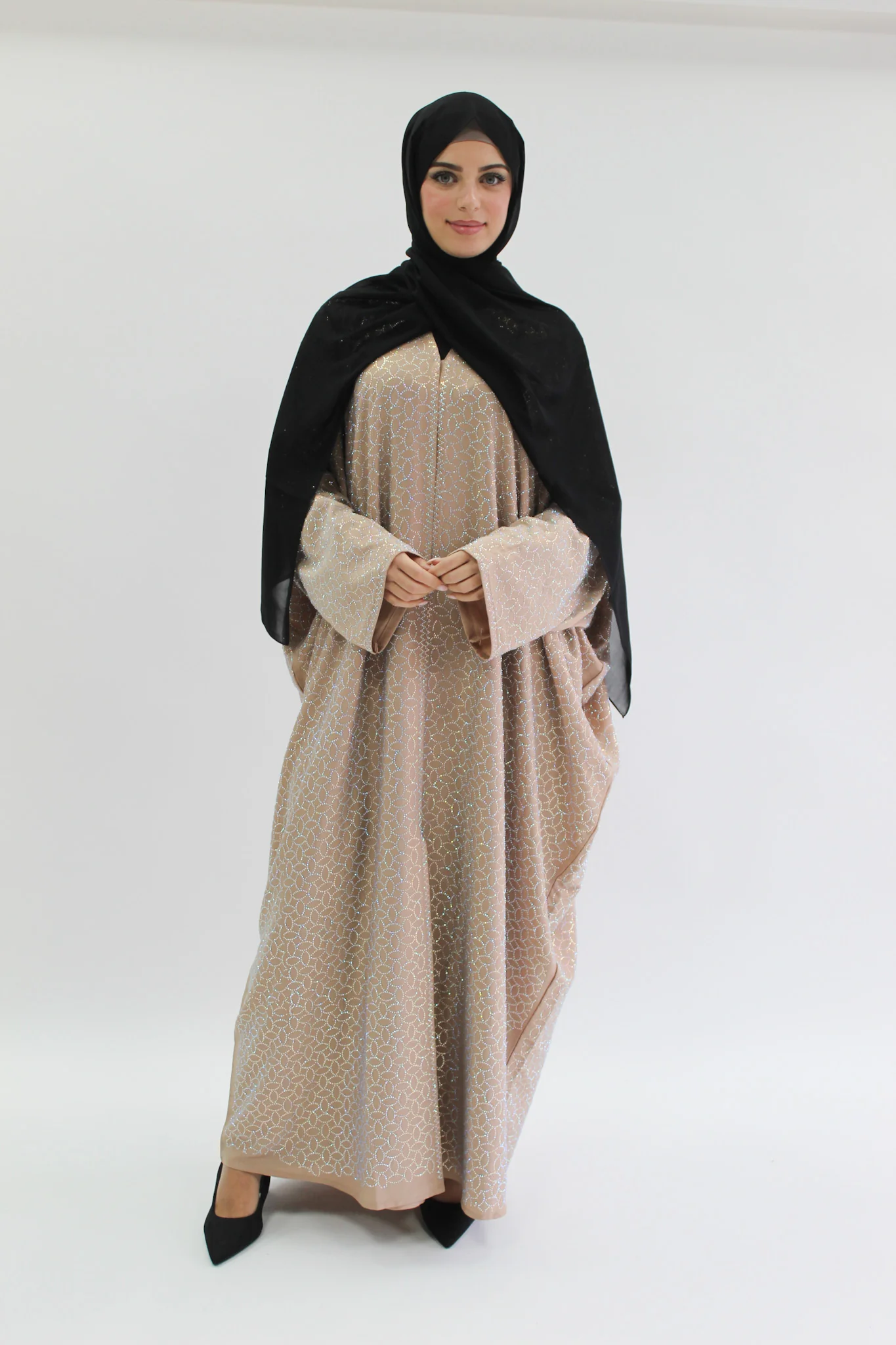 Dark Beige Open Abaya – Geometric Batwing Design with Contrast Detailing