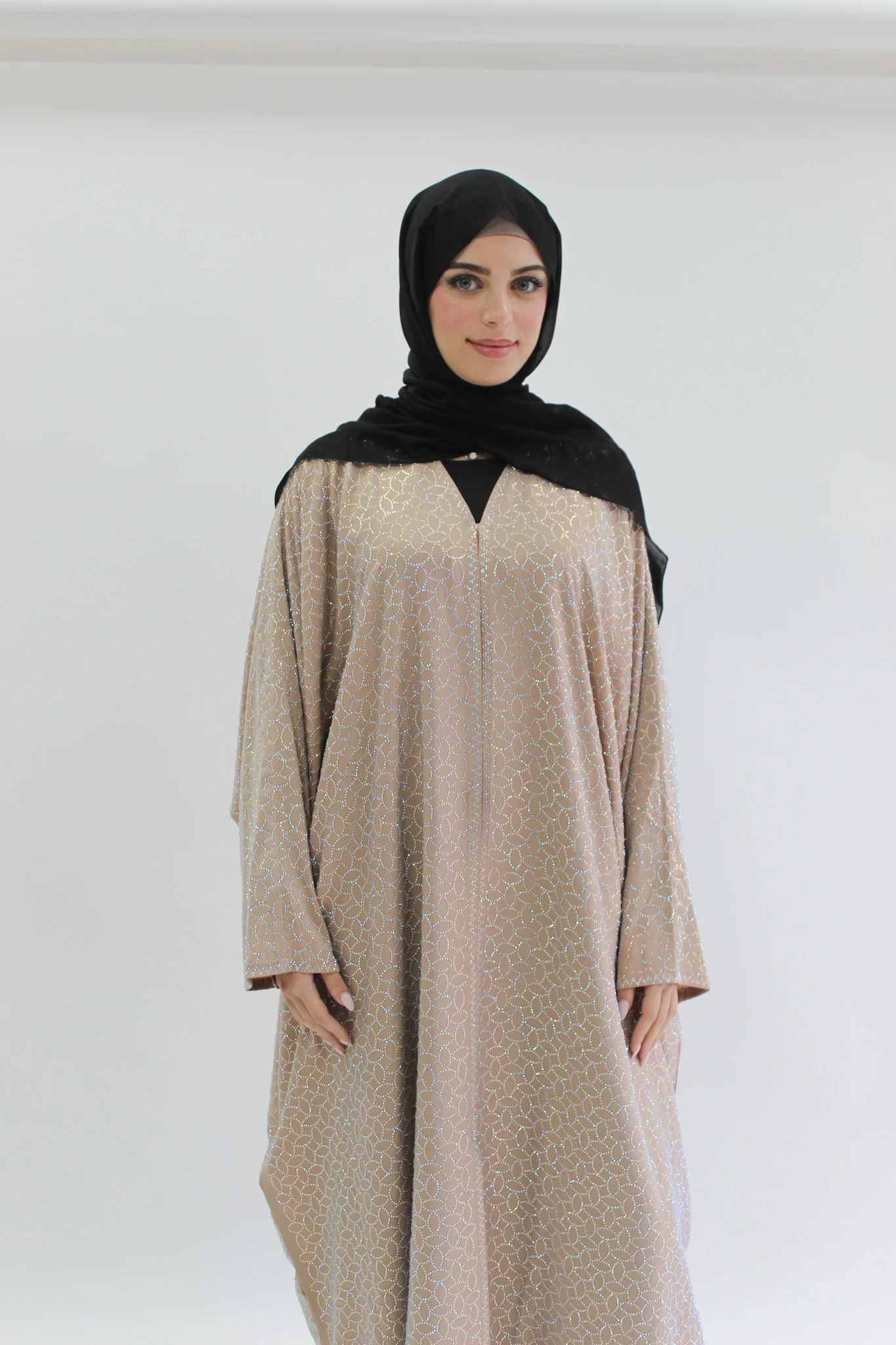 Dark Beige Open Abaya – Geometric Batwing Design with Contrast Detailing - Image 2