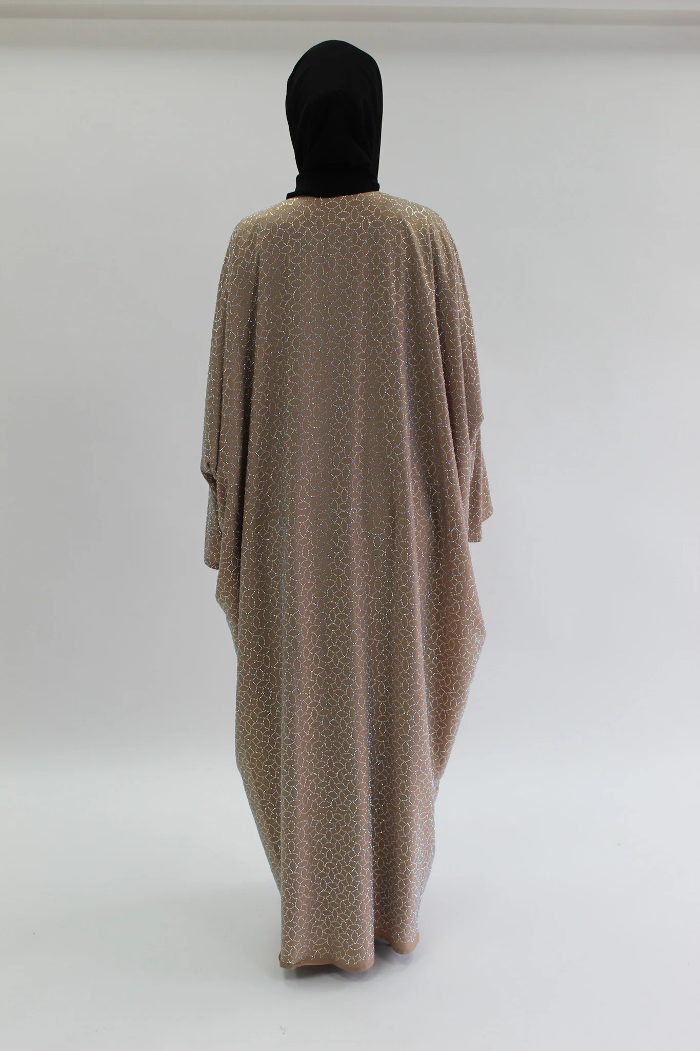 Dark Beige Open Abaya – Geometric Batwing Design with Contrast Detailing - Image 5