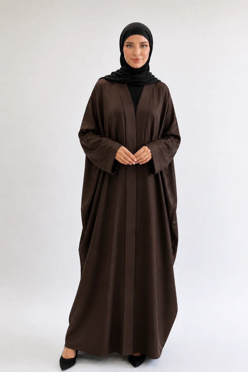 Dark Brown Open Abaya – Ripple Satin Farasha Design