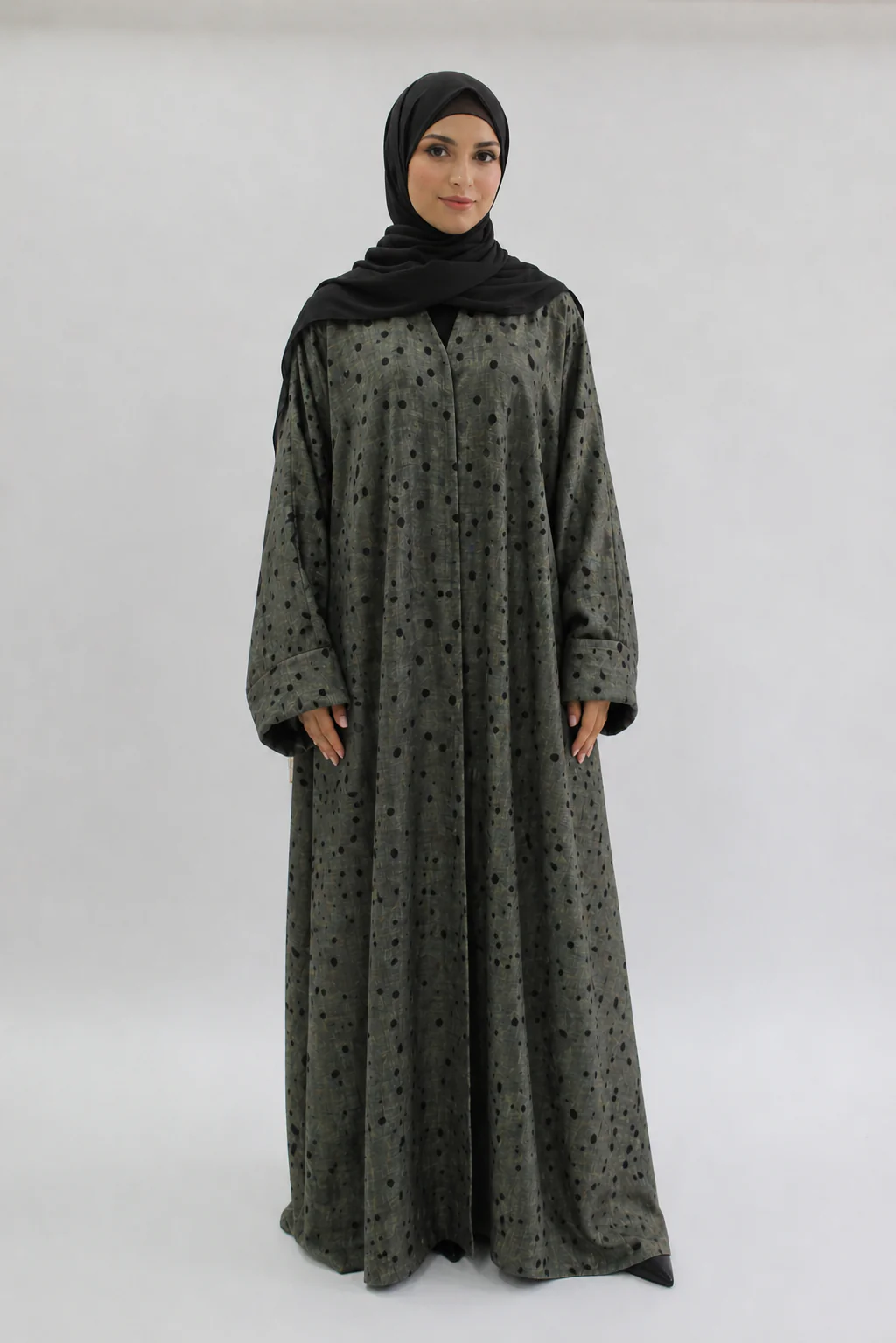 Dark Green Metallic Shimmer Open Abaya – Black Dots Design