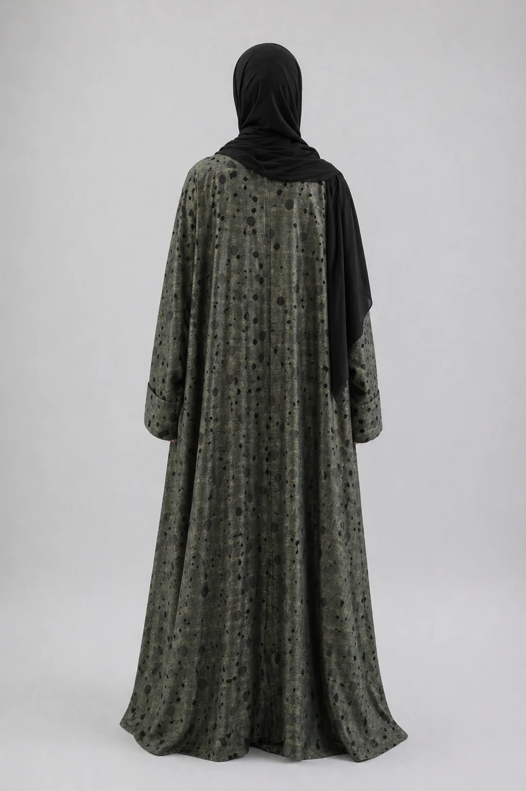 Dark Green Metallic Shimmer Open Abaya – Black Dots Design - Image 2