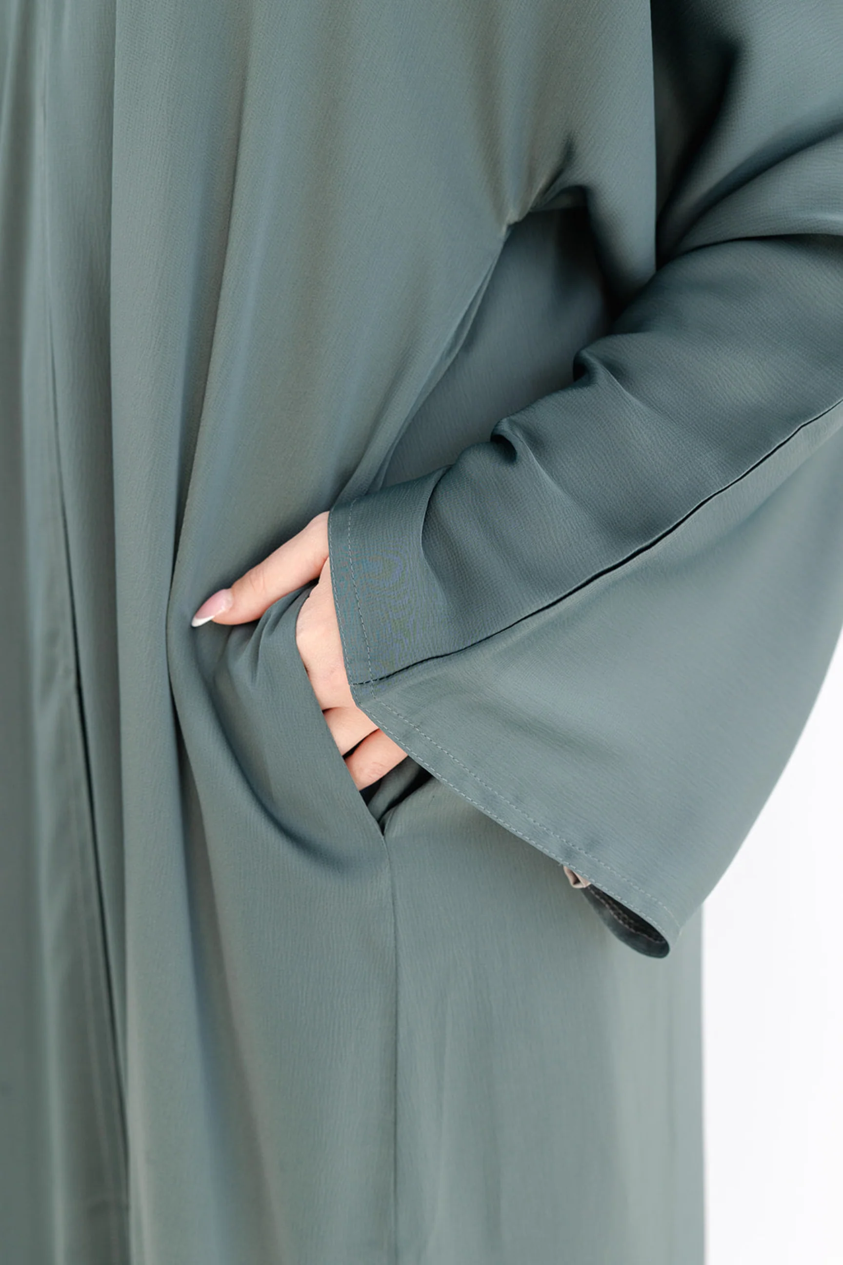 Dark Green Open Abaya – Ripple Satin Fabric with Pocket - Image 2