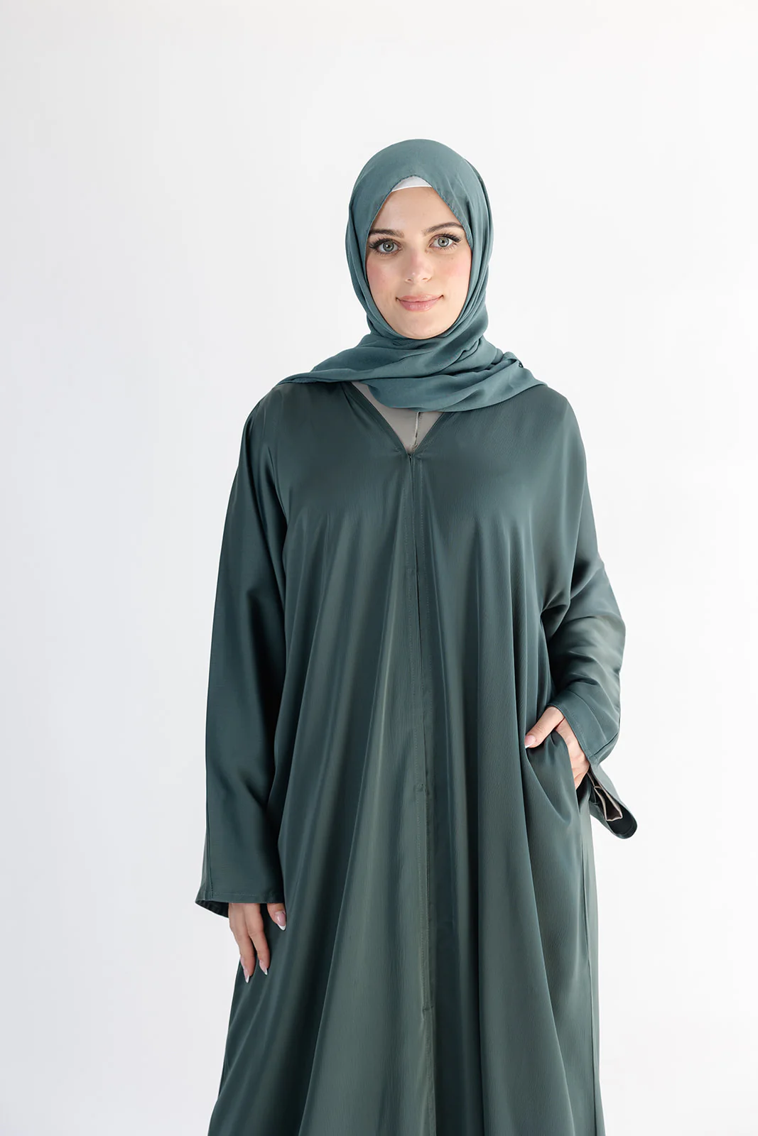 Dark Green Open Abaya – Ripple Satin Fabric with Pocket - Image 3