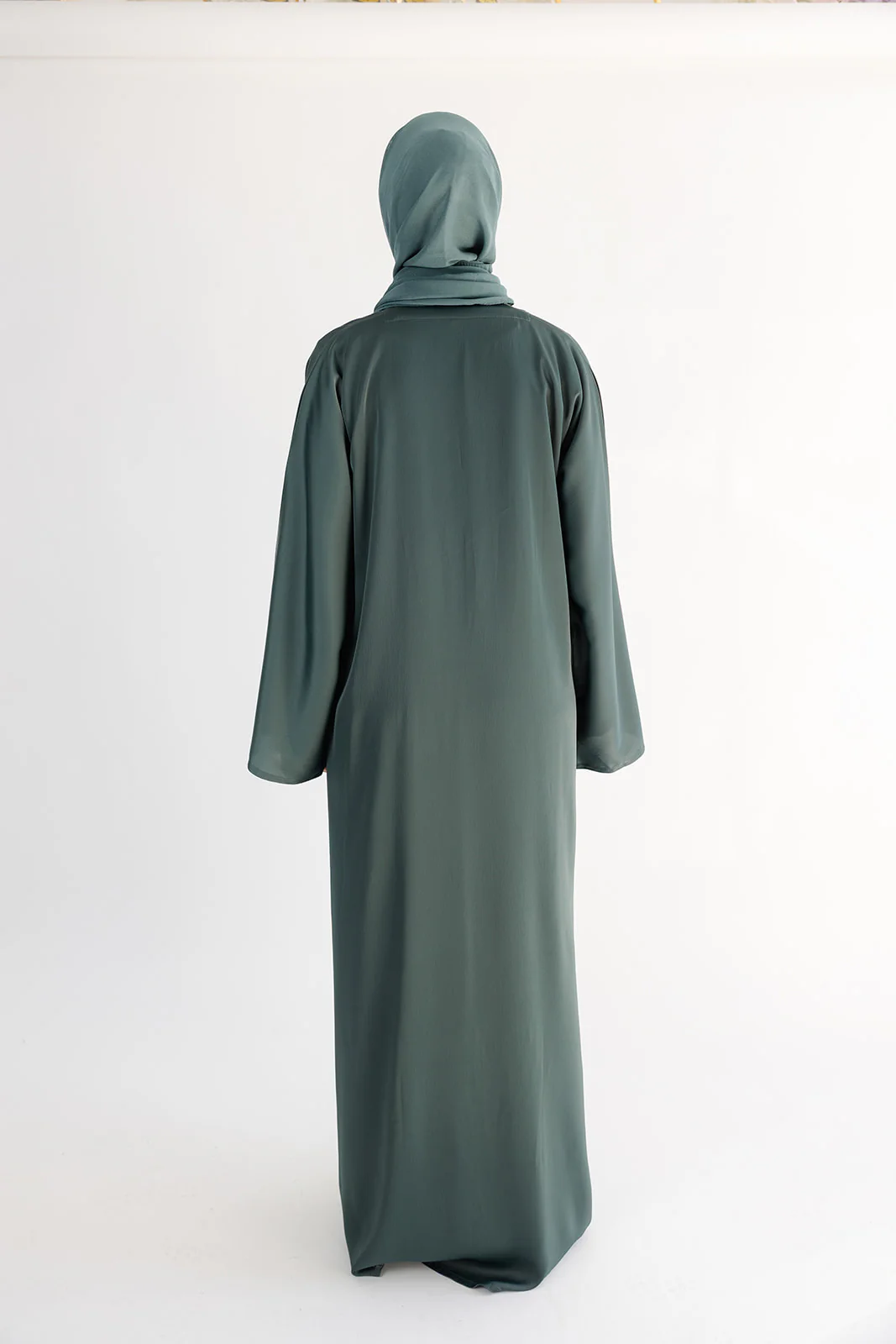 Dark Green Open Abaya – Ripple Satin Fabric with Pocket - Image 5