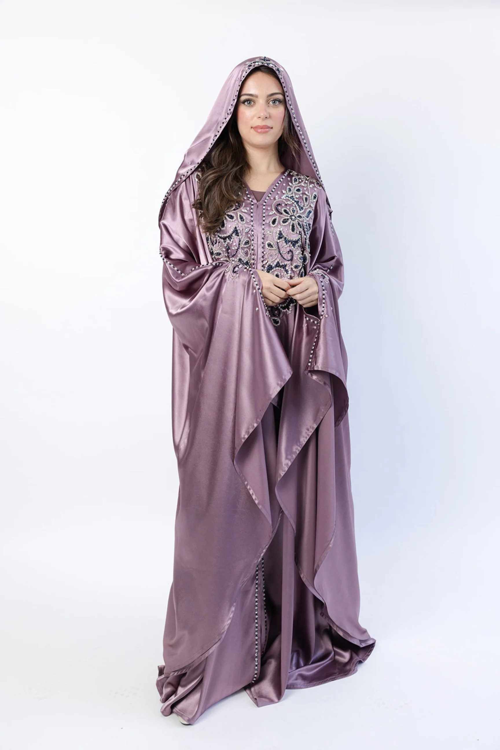 Dark Mauve Cape – Luxury Regal Embellished Design with Hood