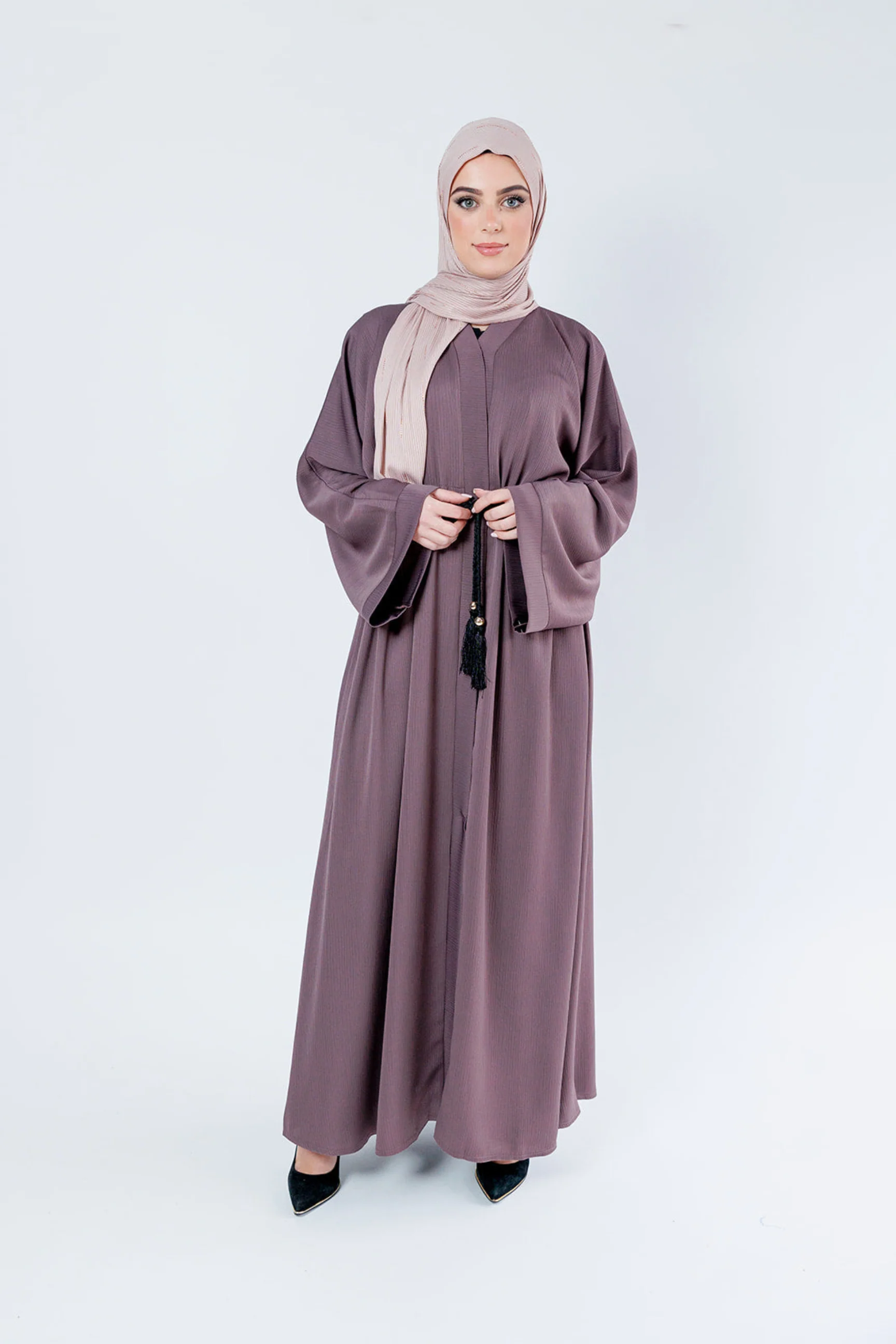 Dark Mauve Open Abaya – Plain Design, Drawstring Waist with Textured Finish