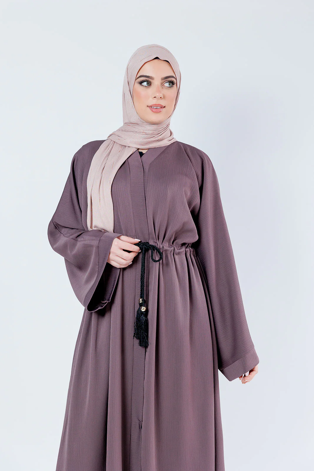 Dark Mauve Open Abaya – Plain Design, Drawstring Waist with Textured Finish - Image 2