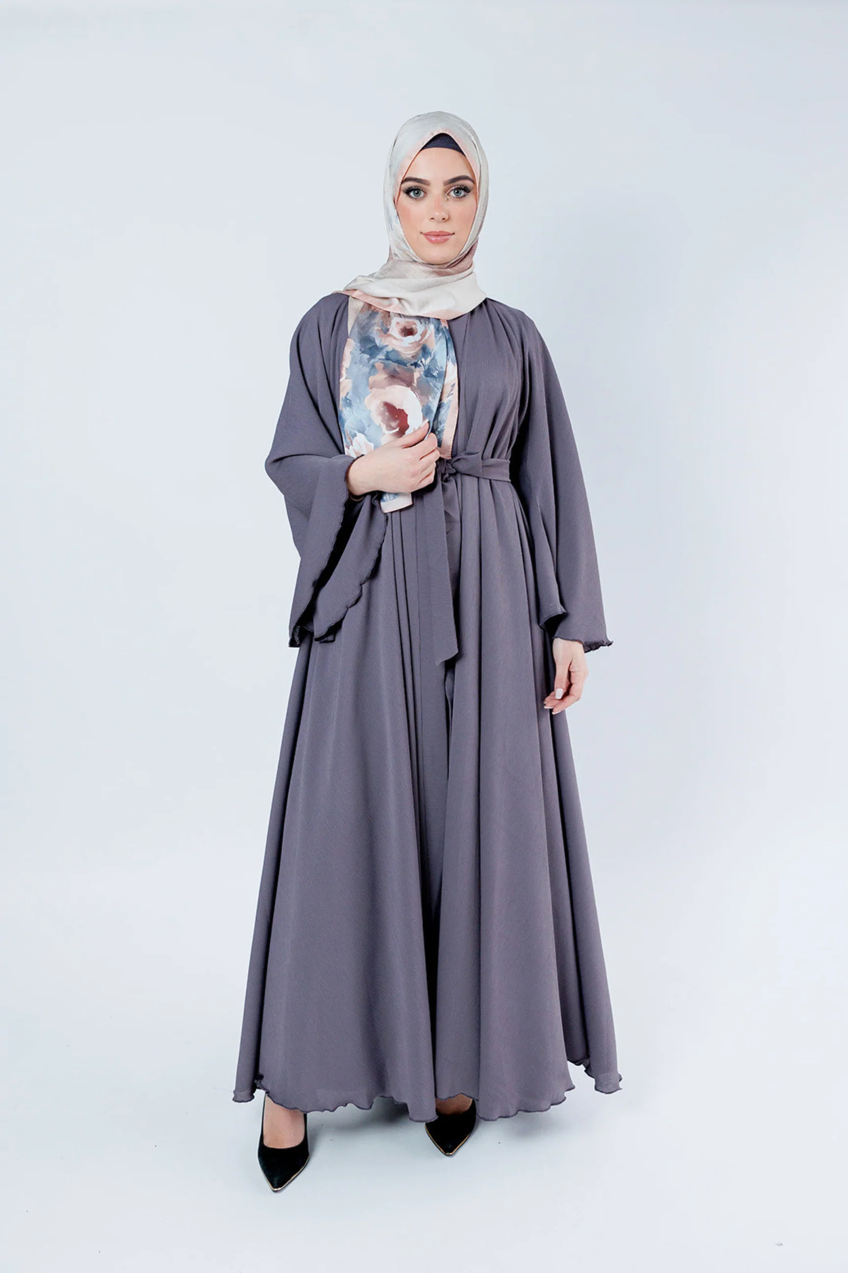 Dark Mauve Open Abaya – Umbrella Design, Plain Textured Finish with Belt